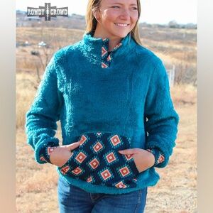 NWT Southwest Aztec Tribal turquoise Soft pocket sweater SzM Womans Teal Cowboy